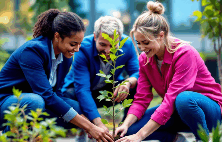 Des collaborateurs d’entreprise plantent un arbre pour réduire leur empreinte carbone.