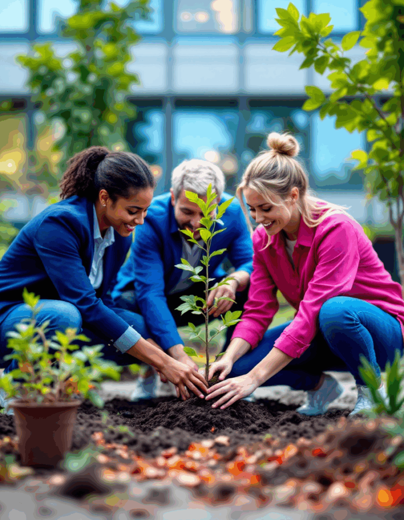 Des collaborateurs d’entreprise plantent un arbre pour réduire leur empreinte carbone.