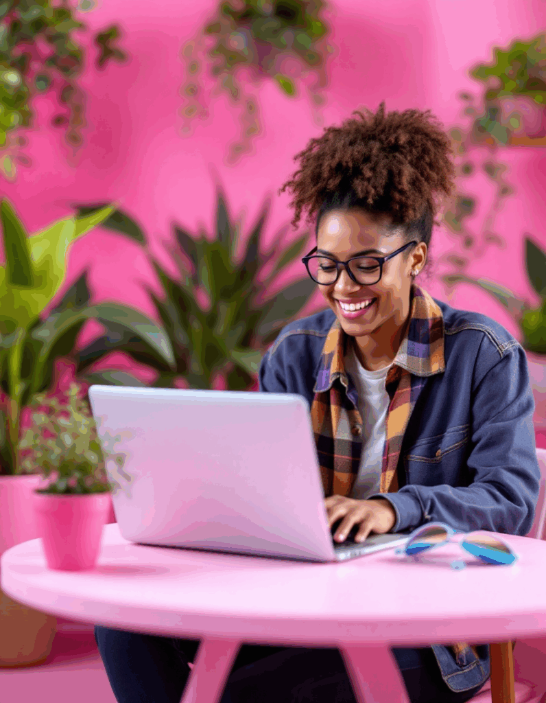 Femme souriante travaillant sur un ordinateur portable, illustrant la fiabilité du reconditionné en 2025 dans un contexte de télétravail moderne.