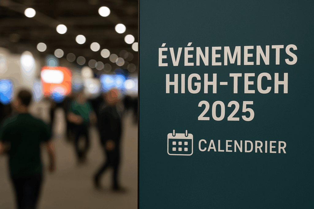 Visiteurs dans un hall d’exposition lors d’un salon high-tech 2025, avec stands lumineux et écran affichant 'Événements High-Tech.