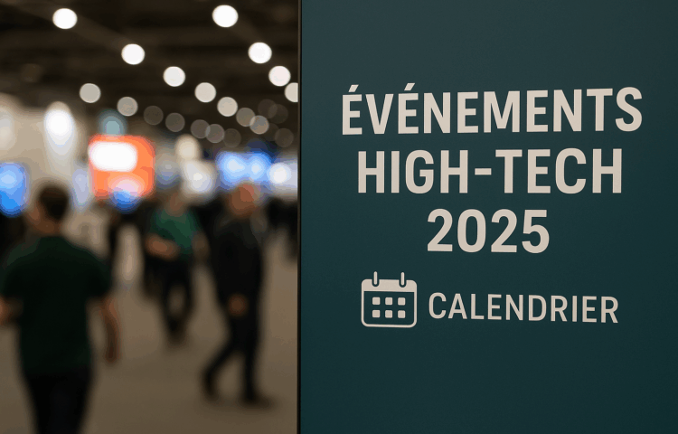 Visiteurs dans un hall d’exposition lors d’un salon high-tech 2025, avec stands lumineux et écran affichant 'Événements High-Tech.
