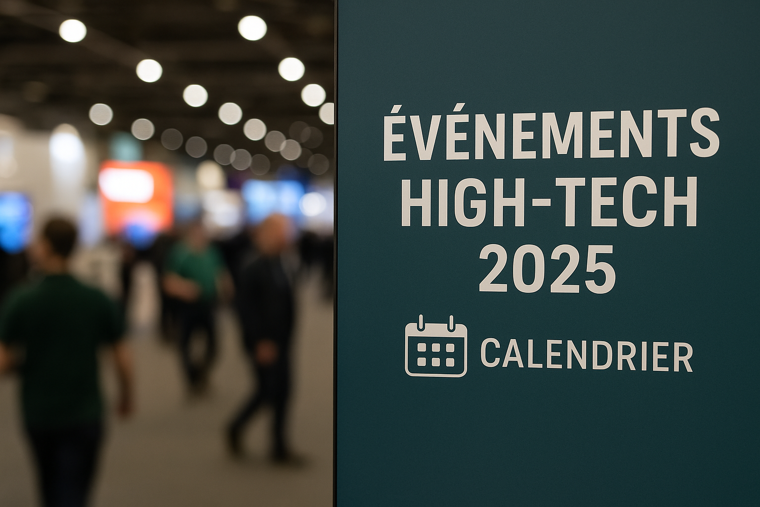 Visiteurs dans un hall d’exposition lors d’un salon high-tech 2025, avec stands lumineux et écran affichant 'Événements High-Tech.