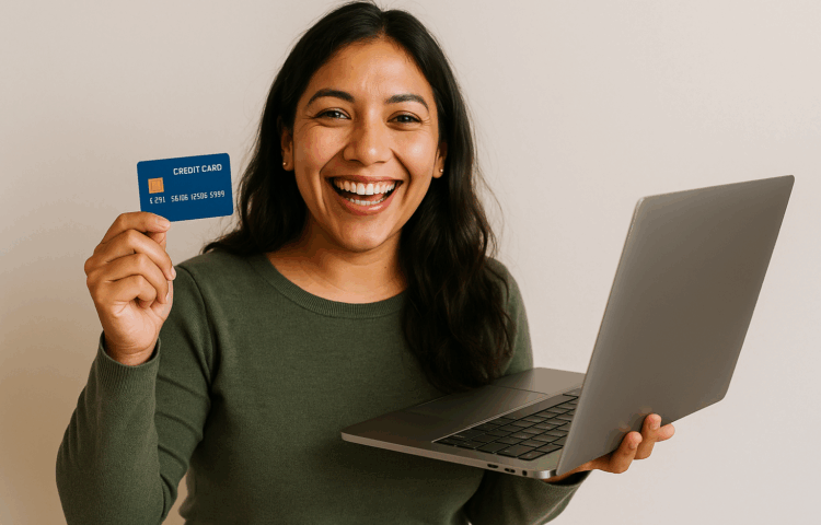 Une jeune femme hispanique joyeuse, consommateur tenant une carte de credit et un ordinateur portable pour Black Friday