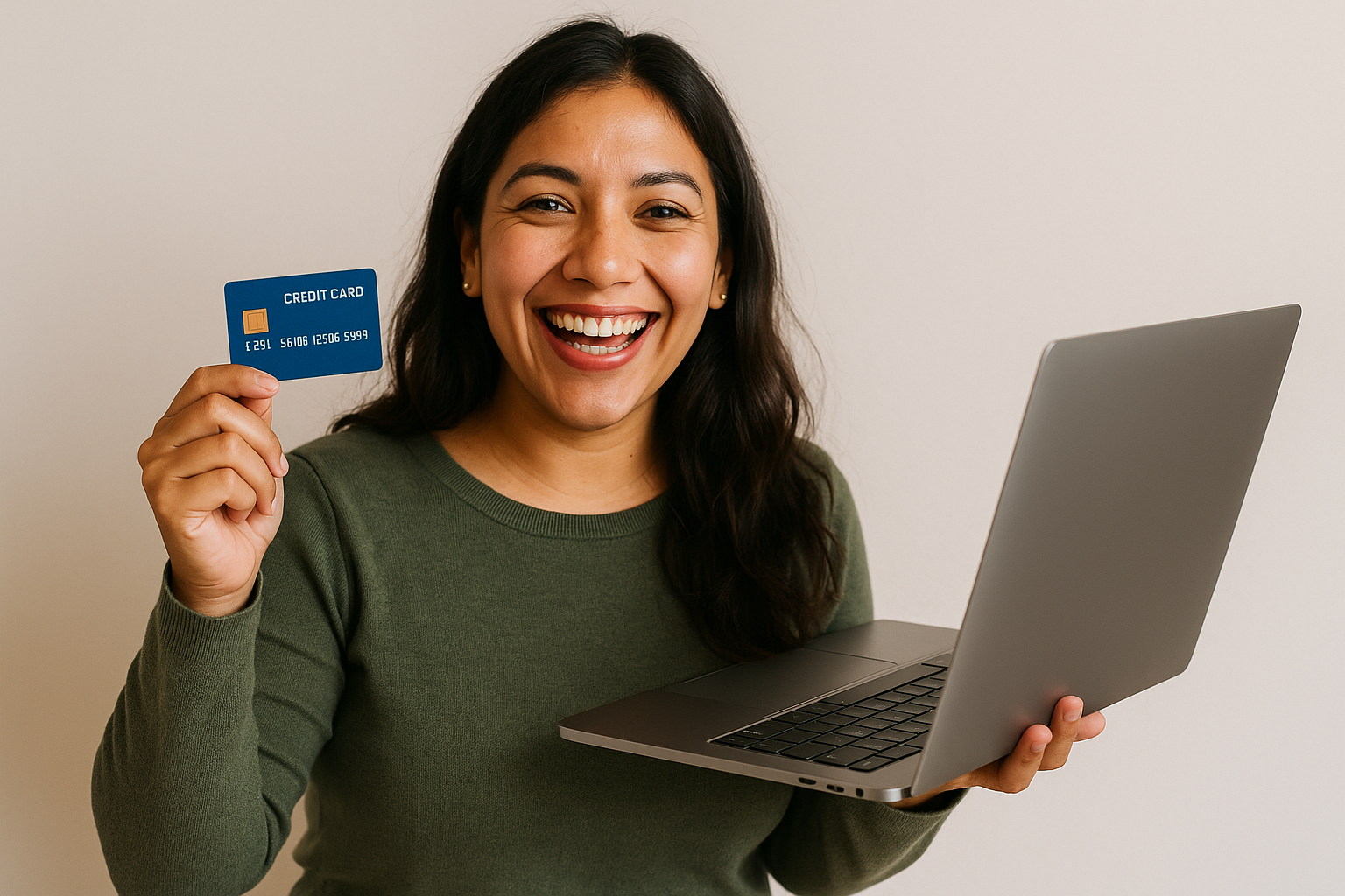 Une jeune femme hispanique joyeuse, consommateur tenant une carte de credit et un ordinateur portable pour Black Friday